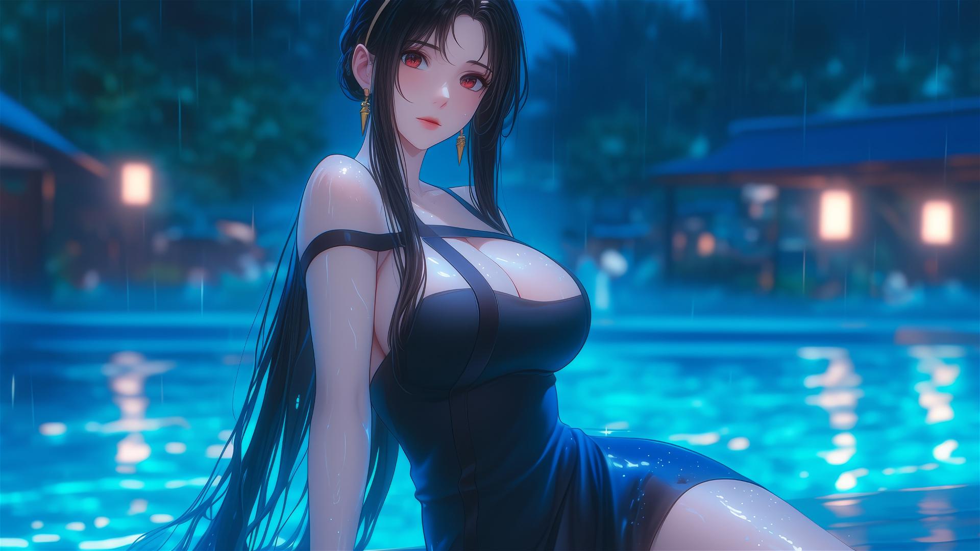 Yor Forger by pool in moonlight, wearing only an apron