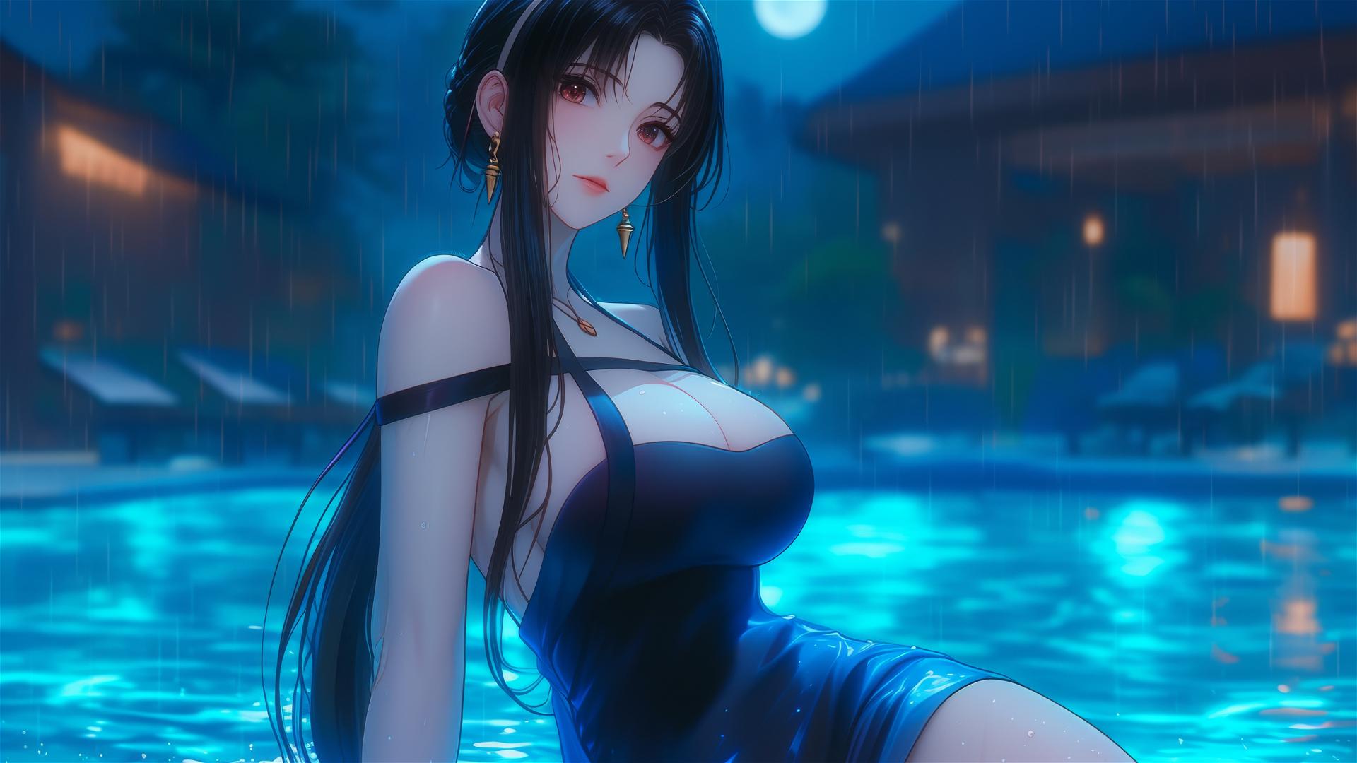 Yor Forger in apron resting by pool under moonlight in the rain