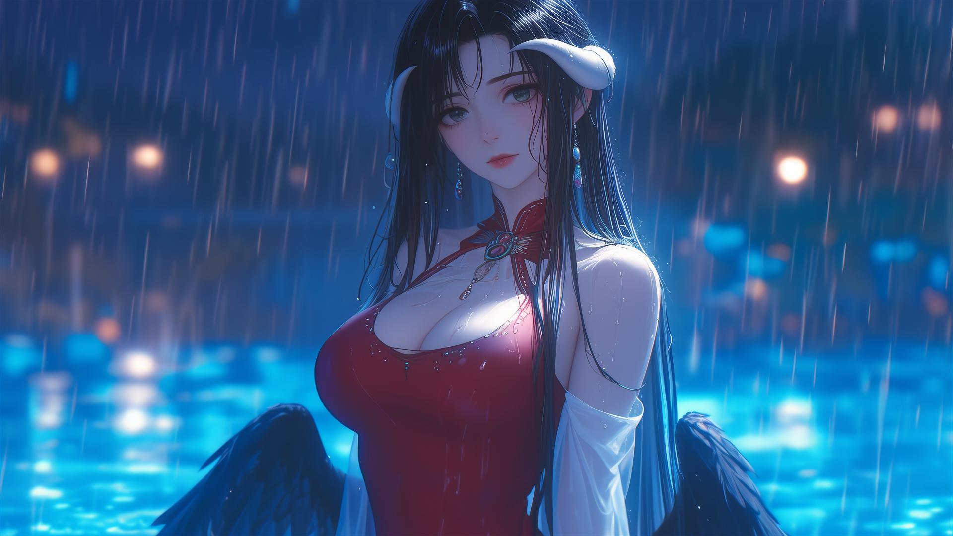 Albedo from Overlord in red, standing in a moonlit rainy pool