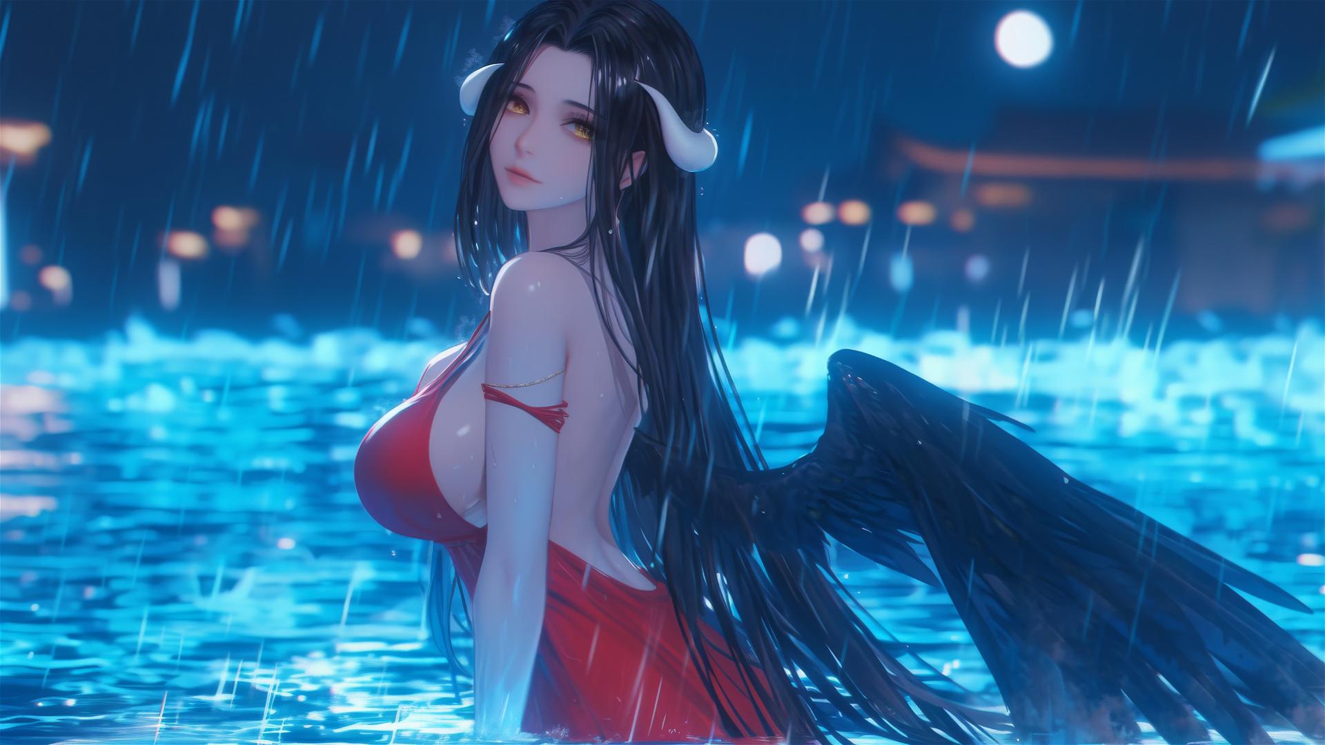Albedo from Overlord in red dress, standing in a moonlit rainy pool