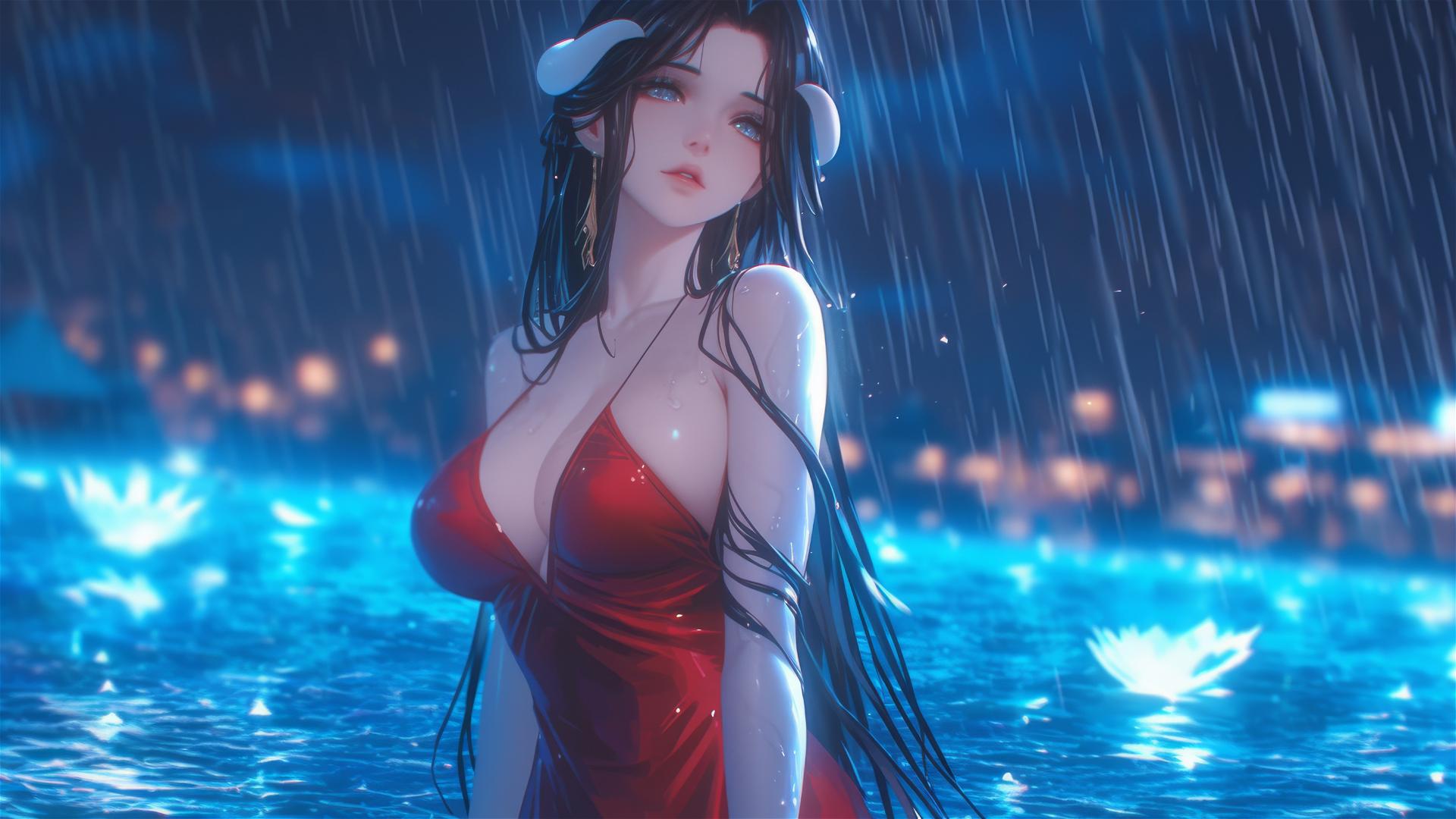 Albedo from Overlord standing in a pool under moonlight, rain falling, red dress.