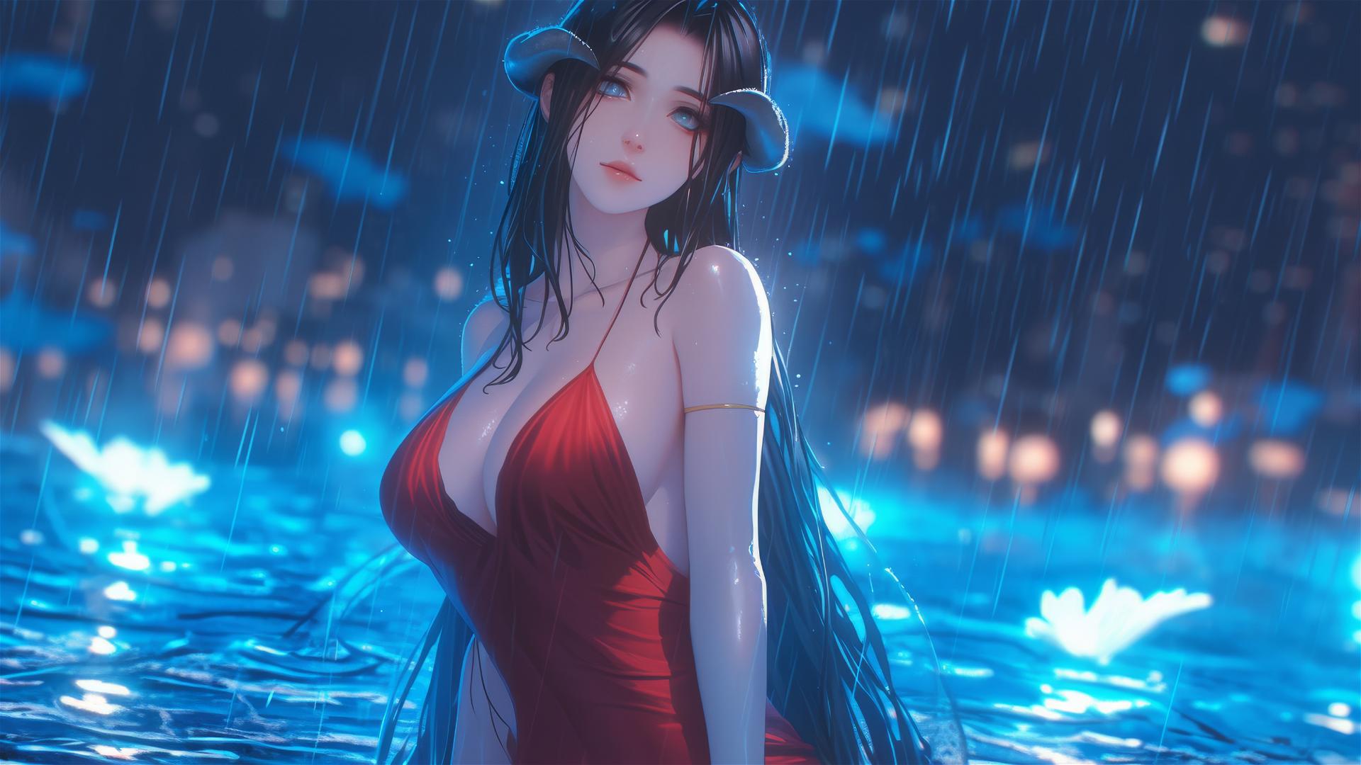 Albedo from Overlord standing in a pool under the moonlight, red dress in the rain