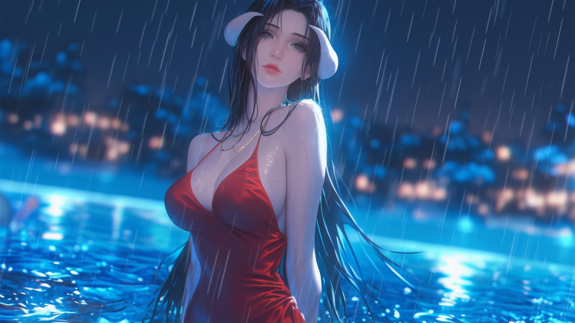 Albedo from Overlord standing in a rainy pool with moonlight casting on her red dress.