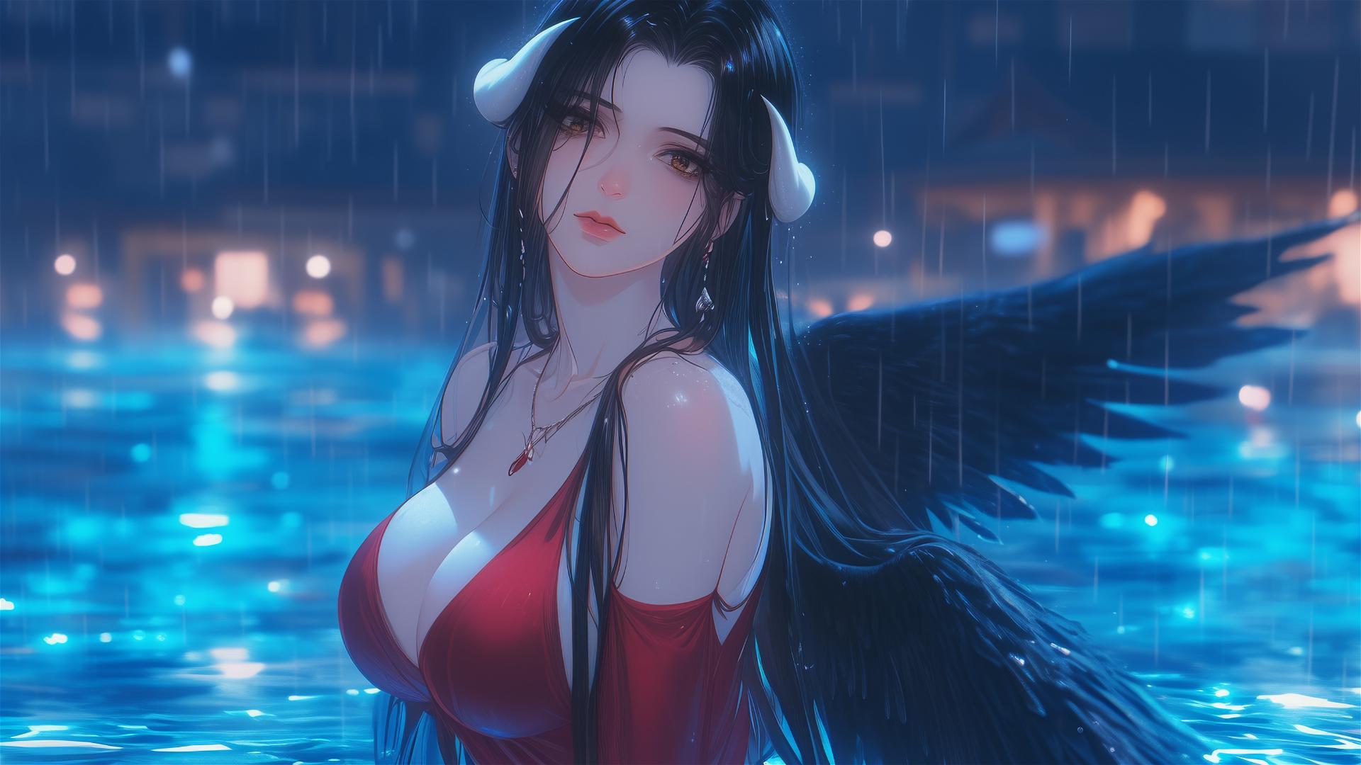 Albedo from Overlord in a red dress standing by a rainy pool under moonlight