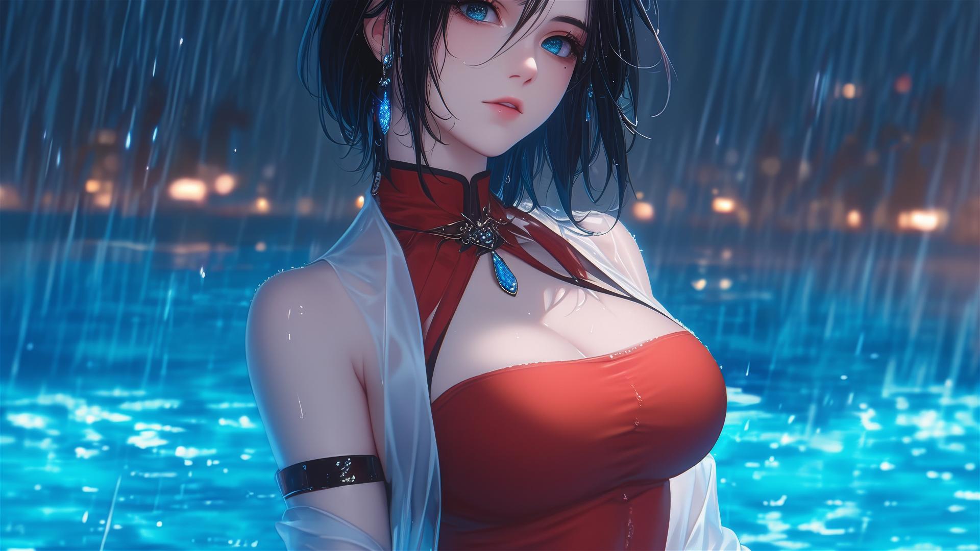 Mikasa Ackerman in red dress standing in rainy pool by moonlight