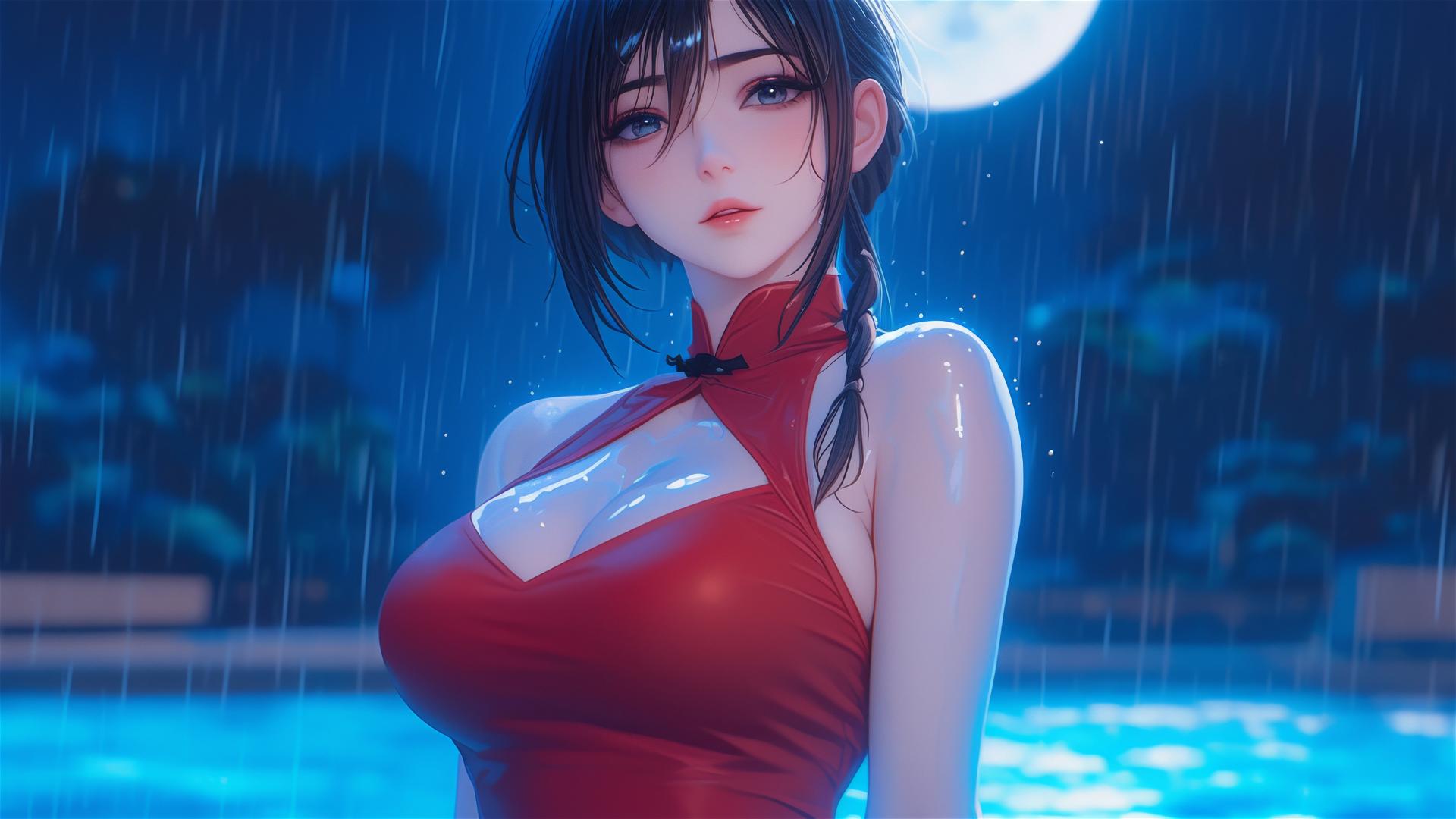 Mikasa Ackerman in rainy pool lit by moonlight, wearing red dress
