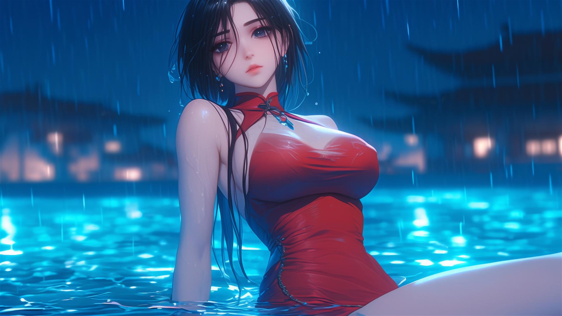 Mikasa Ackerman in red standing in a rainy pool under moonlight