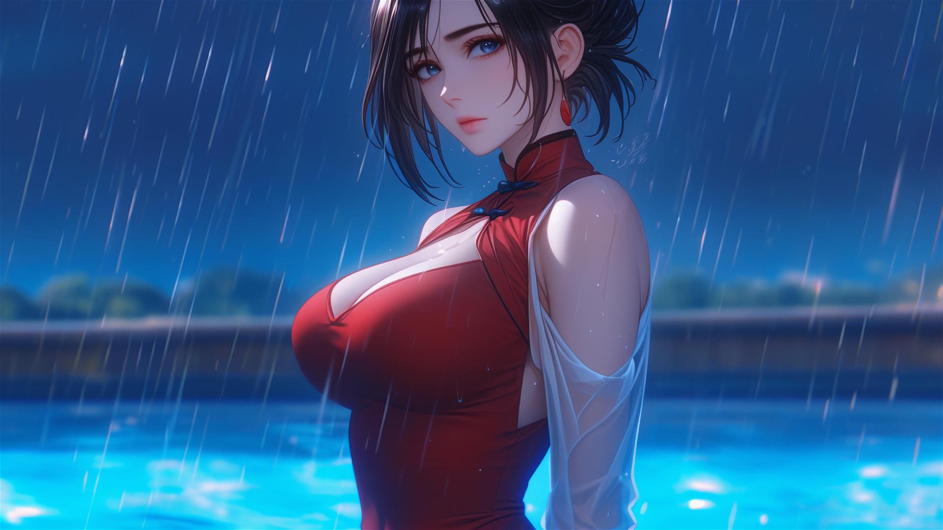 Mikasa Ackerman standing in pool with moonlight and rain