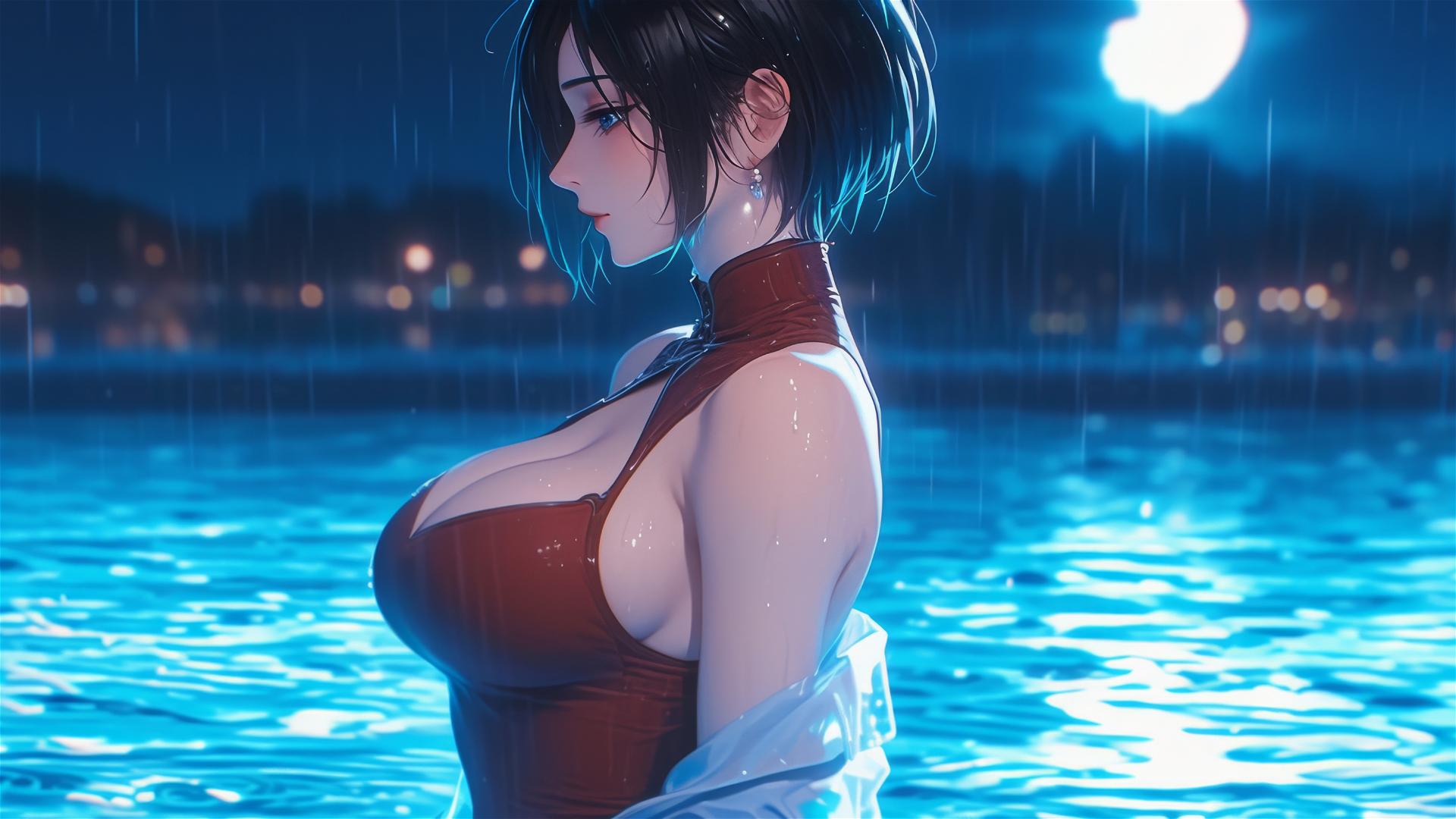 Mikasa Ackerman standing in a pool in the rain, moonlight illuminating her red dress