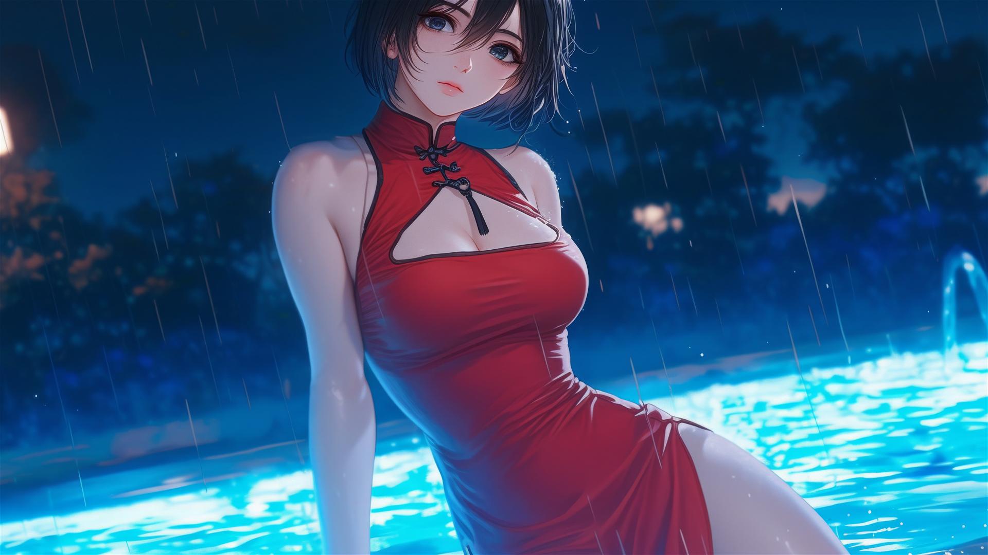 Mikasa Ackerman in red dress standing in a rainy pool under moonlight