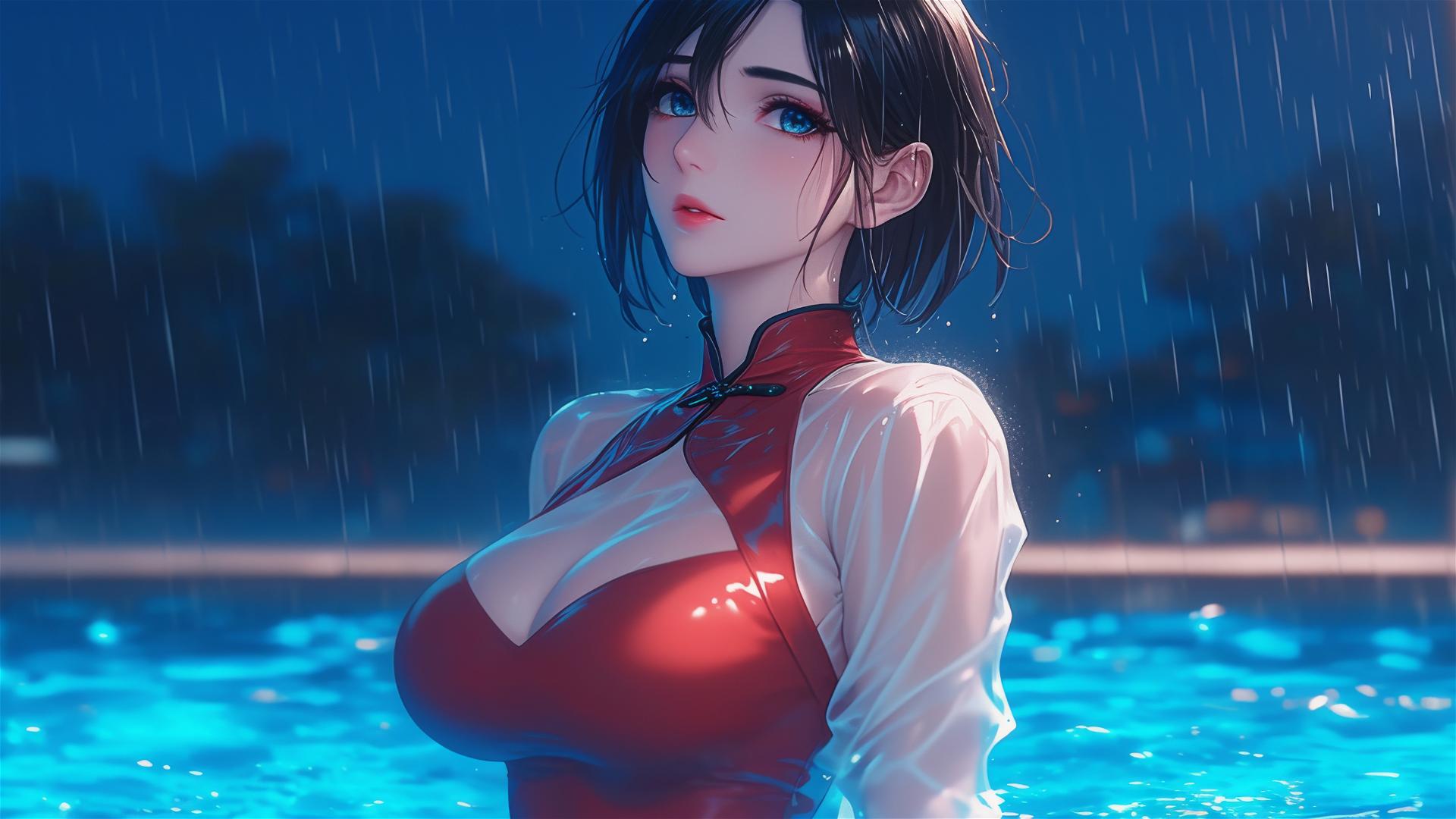 Mikasa Ackerman in red, at rainy pool with moon glow