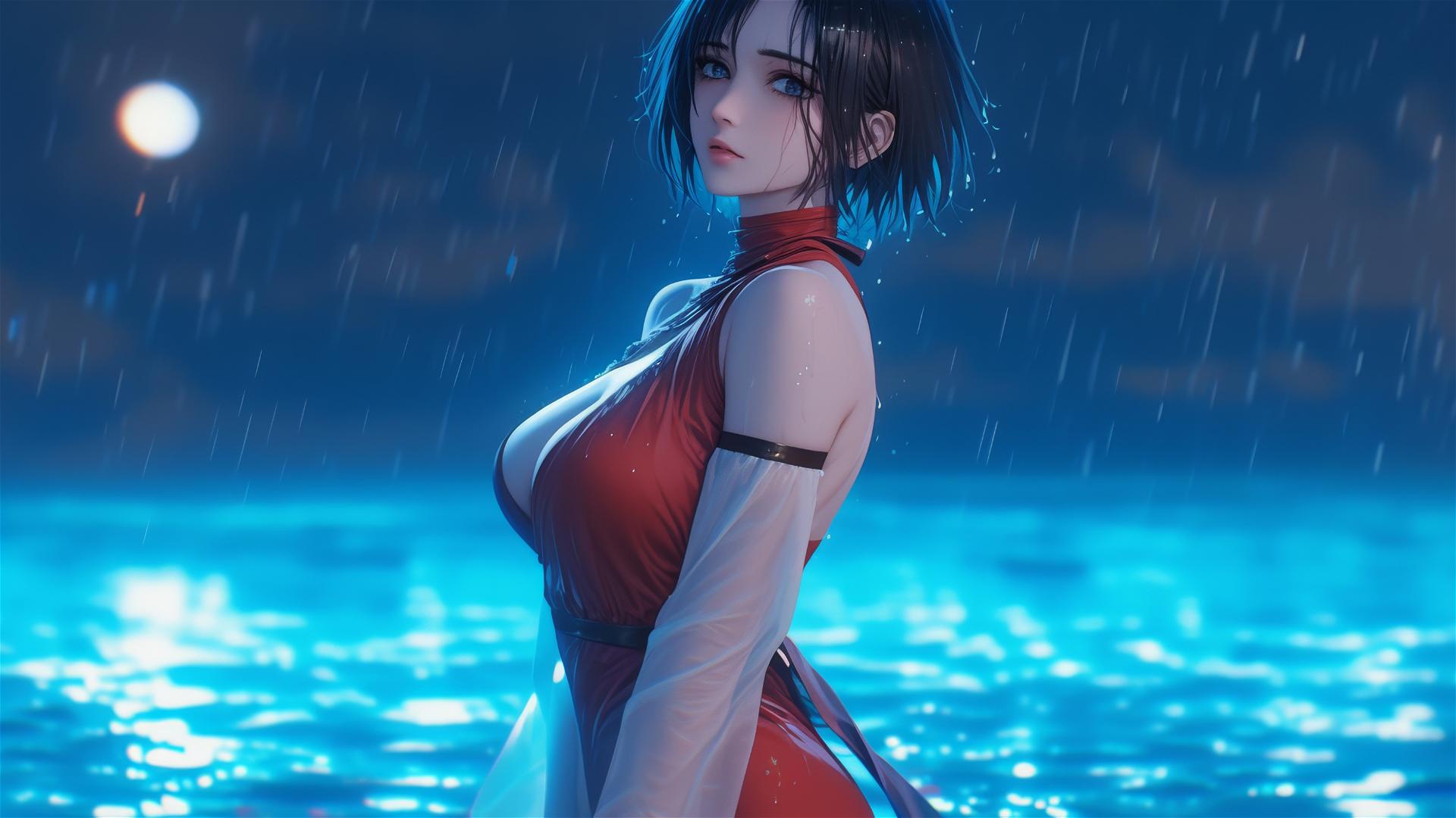 Mikasa Ackerman in red under moonlight in rainy pool