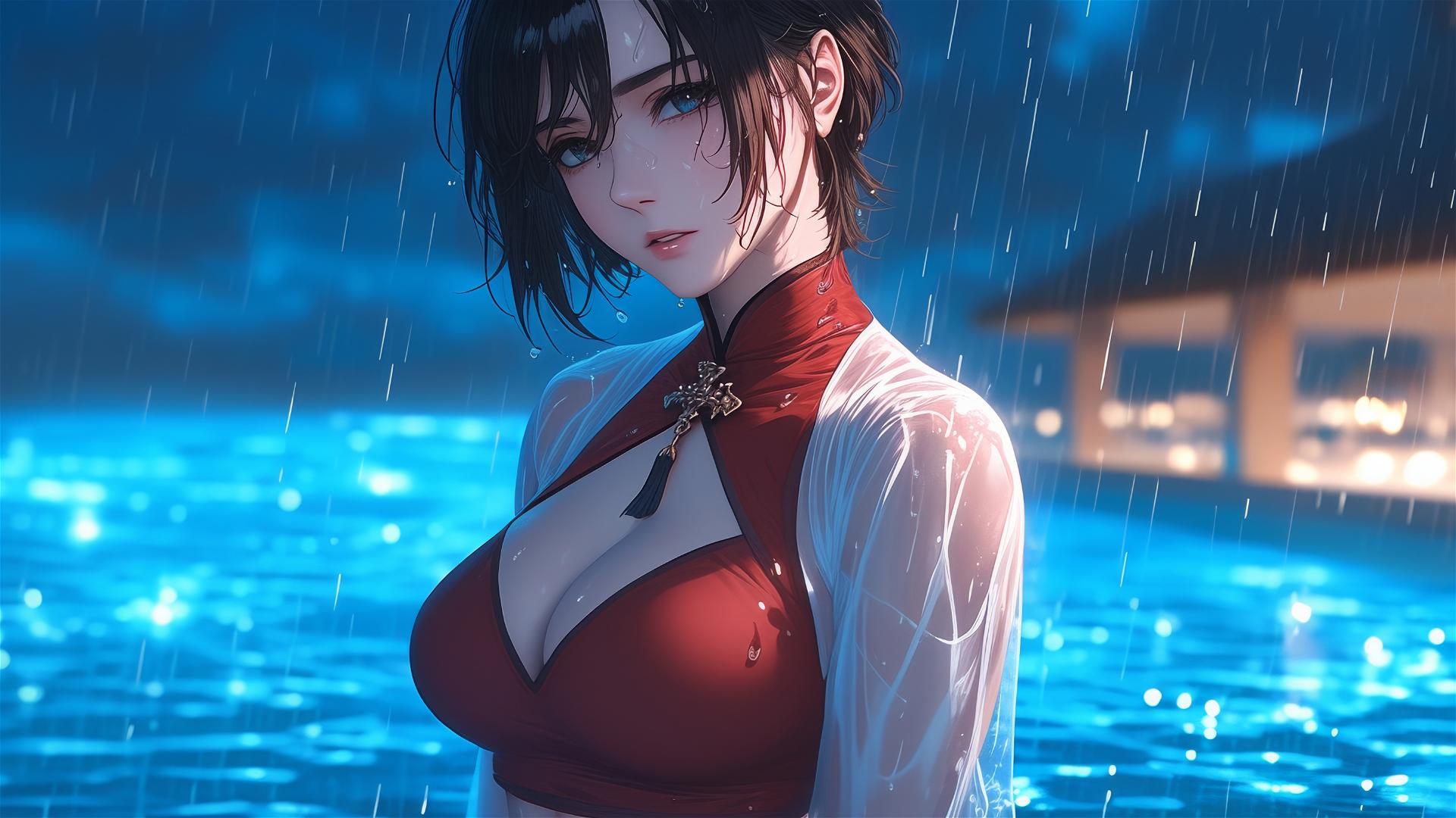 Mikasa Ackerman standing in a rainy pool under moonlight in a red dress