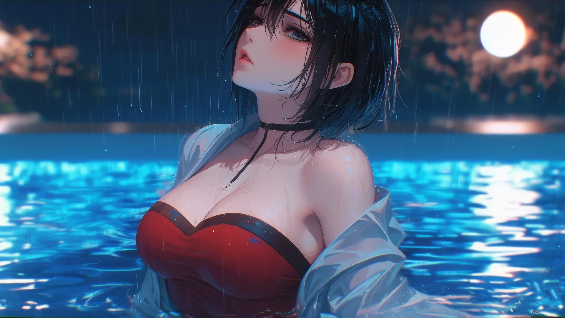 Mikasa Ackerman in red dress at rainy pool with moonlight
