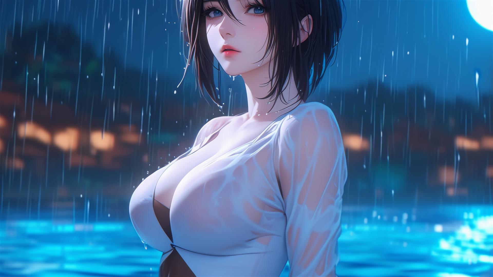 Mikasa Ackerman in a pink dress standing in a rainy pool under moonlight