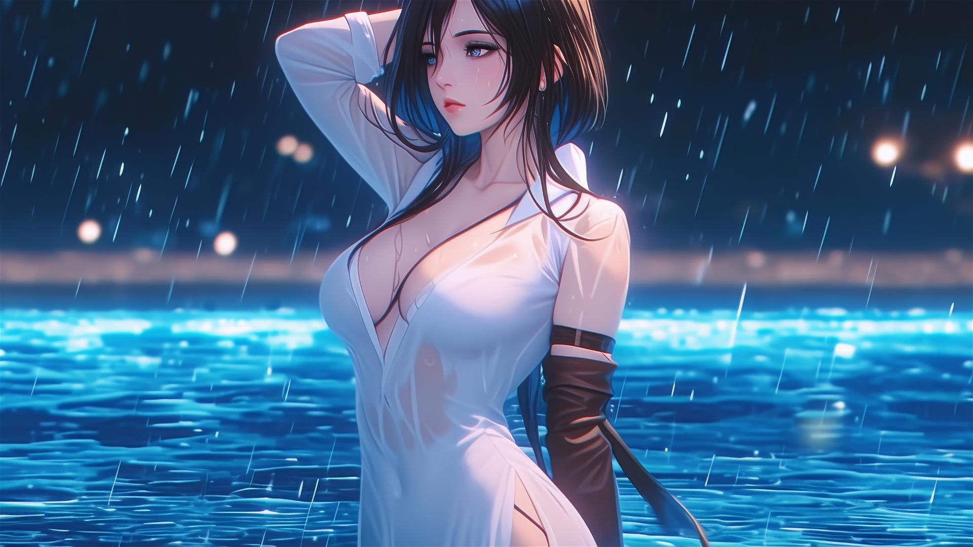 Mikasa Ackerman in pink dress standing in rainy pool under moonlight