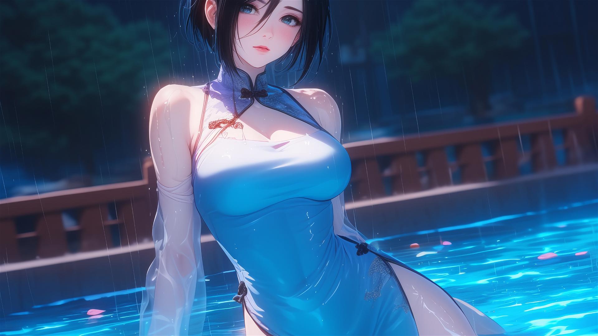 Mikasa Ackerman in pink dress in a moonlit pool under rain