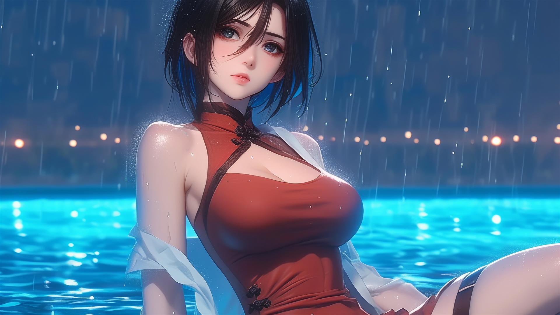 Mikasa Ackerman standing in a pool under moonlight, red dress, rainy atmosphere