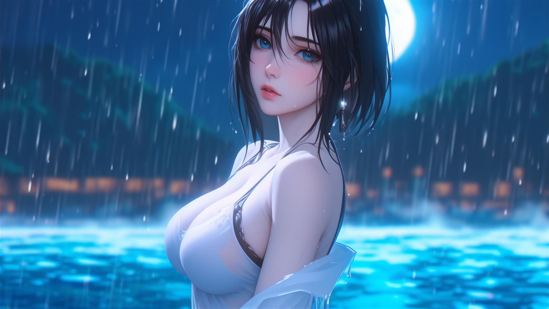 Mikasa Ackerman in rainy pool with moonlight glow