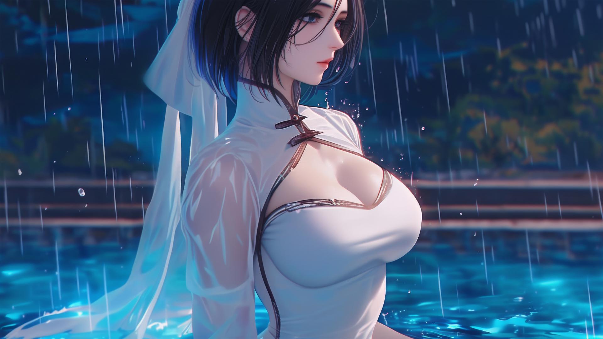Mikasa Ackerman in a white dress standing in a moonlit rainy pool