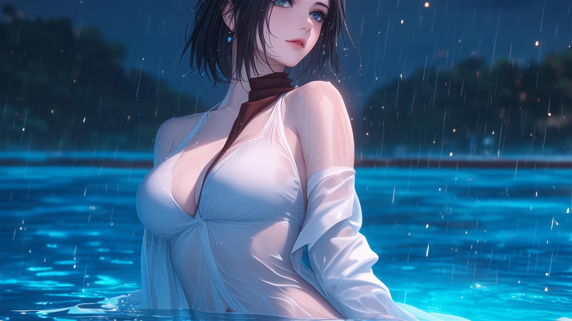 Mikasa Ackerman from Attack on Titan standing in a pool under the moonlight, rain falling, dressed in white with short hair
