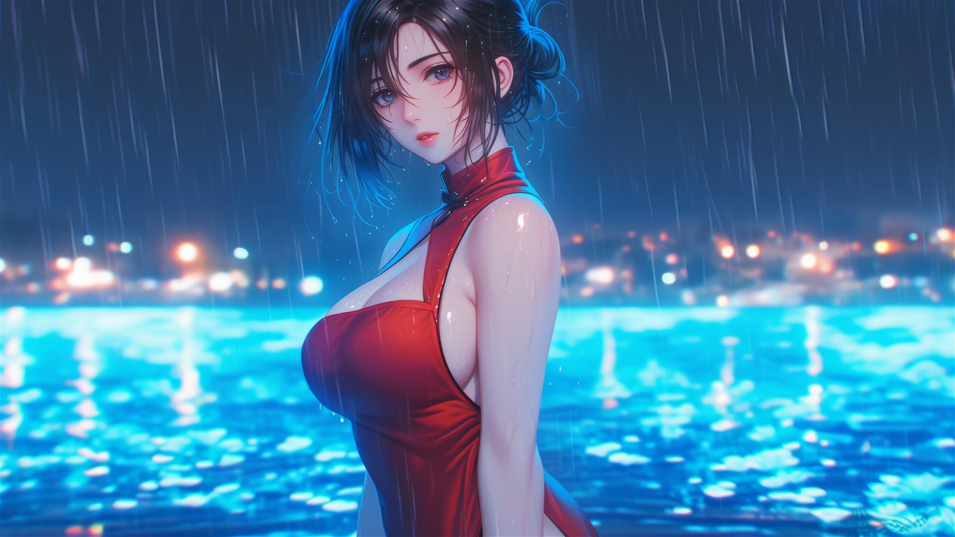 Mikasa Ackerman in a red dress standing in a rainy pool under moonlight