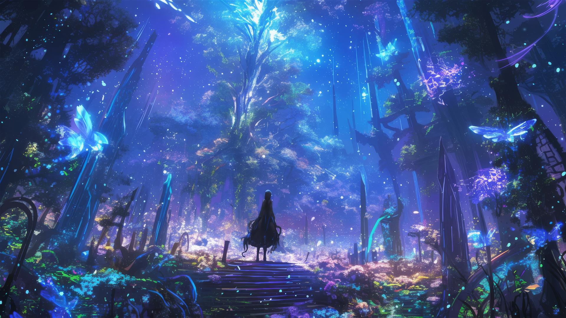 Magical forest at night with glowing plants and spirits