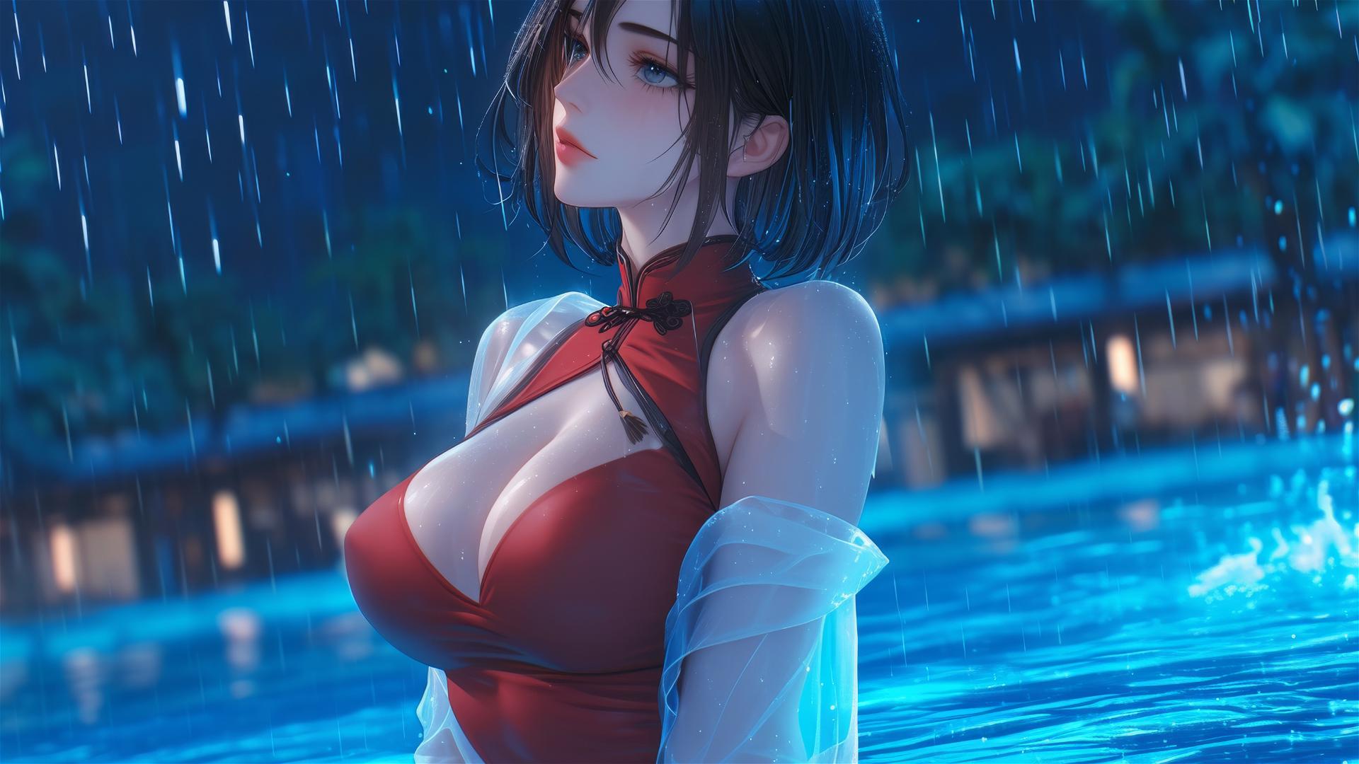 Mikasa from Attack on Titan standing in a pool under moonlight