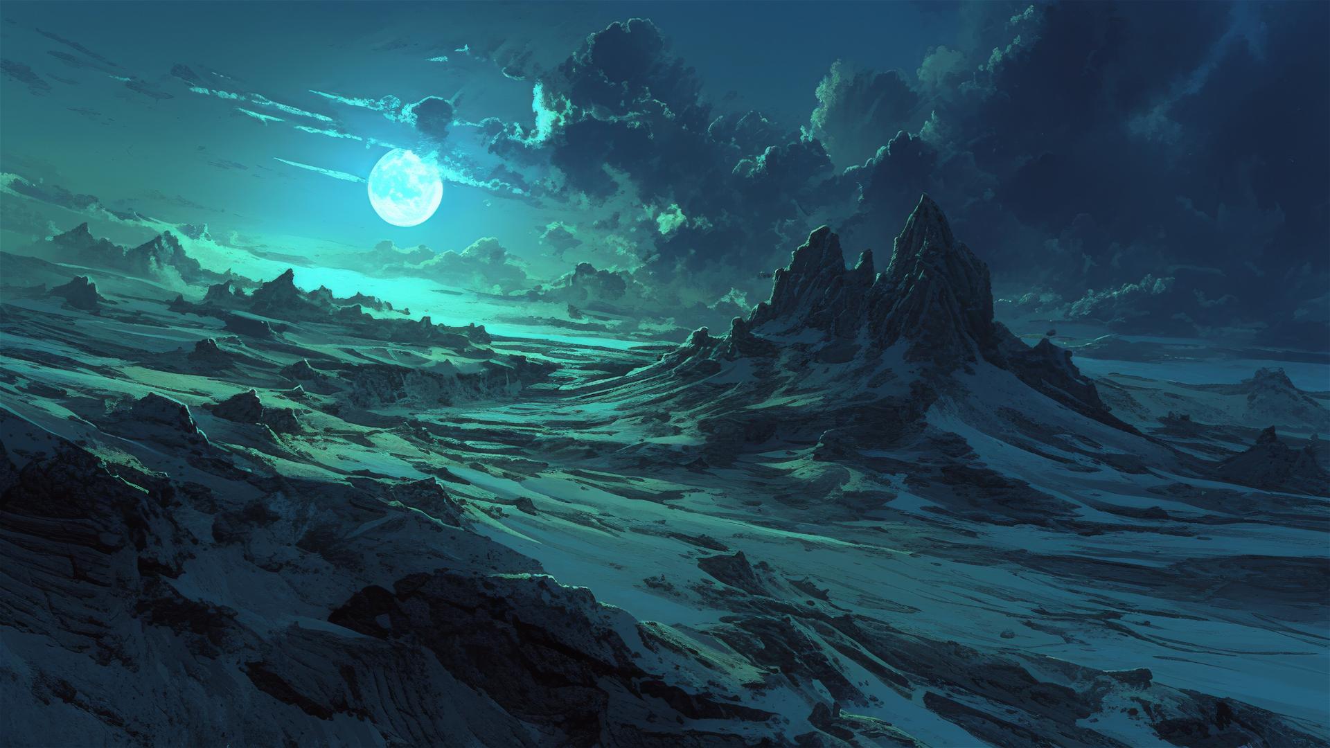 Surreal badlands with full moon and eerie shadows