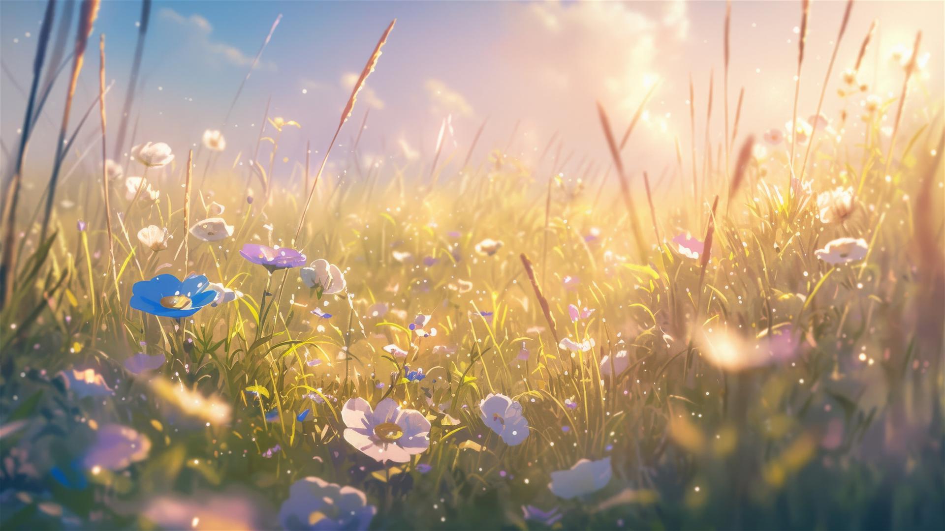 Early spring meadow with dew and wildflowers in morning sunlight