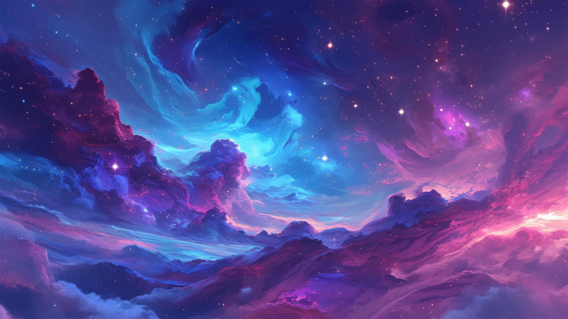 Nebula with pink, blue, purple swirls and twinkling stars in deep space