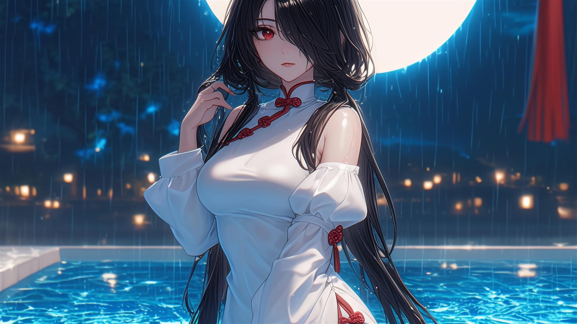 Kurumi Tokisaki standing in rain by pool, moonlight on white dress, red eye, hair over one eye.