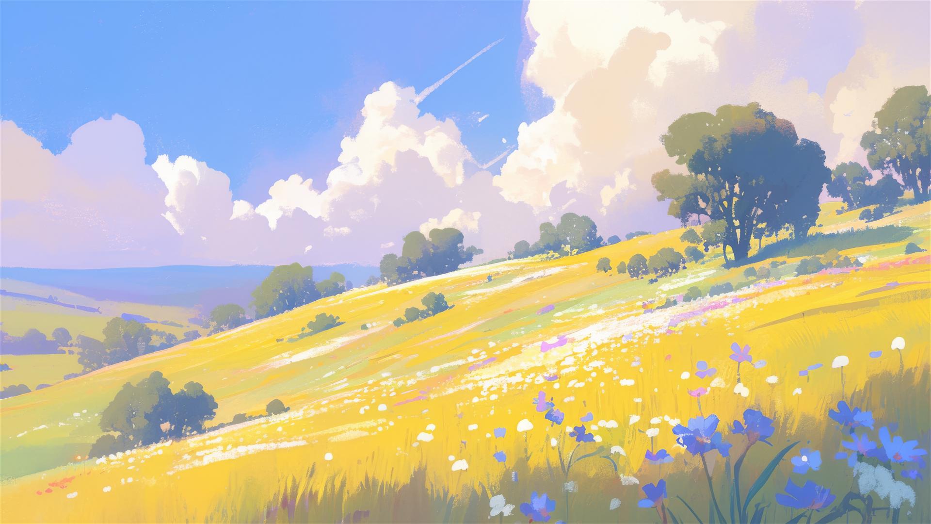 Gentle hills with wildflowers and soft sky