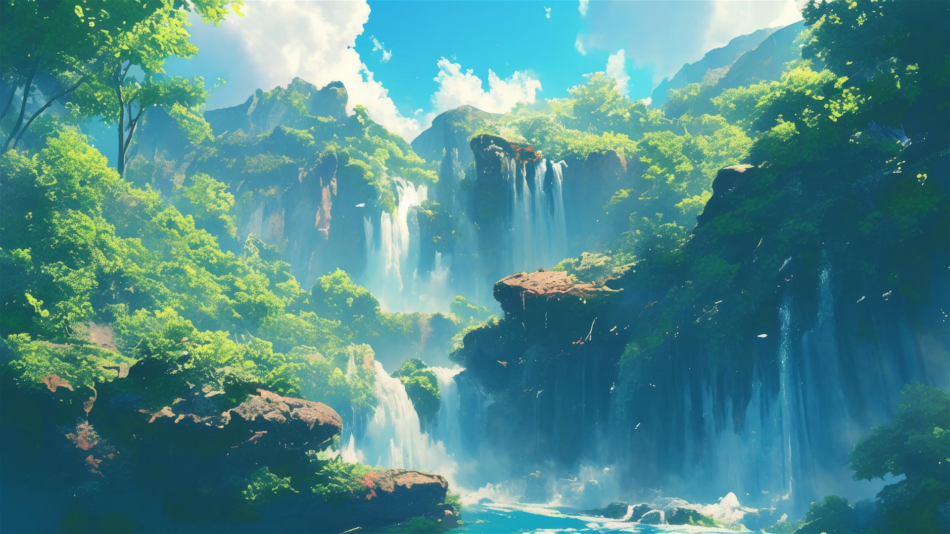 Waterfall in tropical jungle with cascading water and greenery