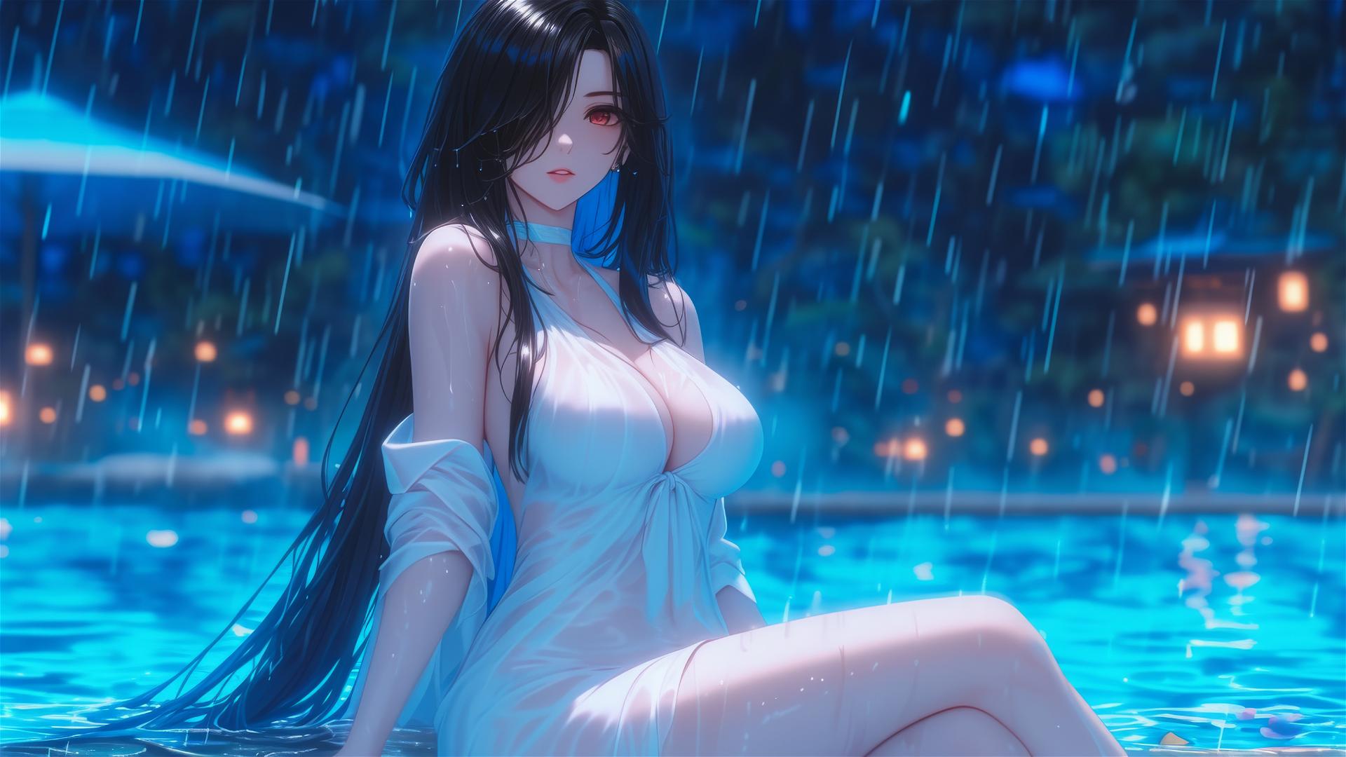 Kurumi Tokisaki resting by a pool in moonlight, dressed in white, with one red eye and one eye covered