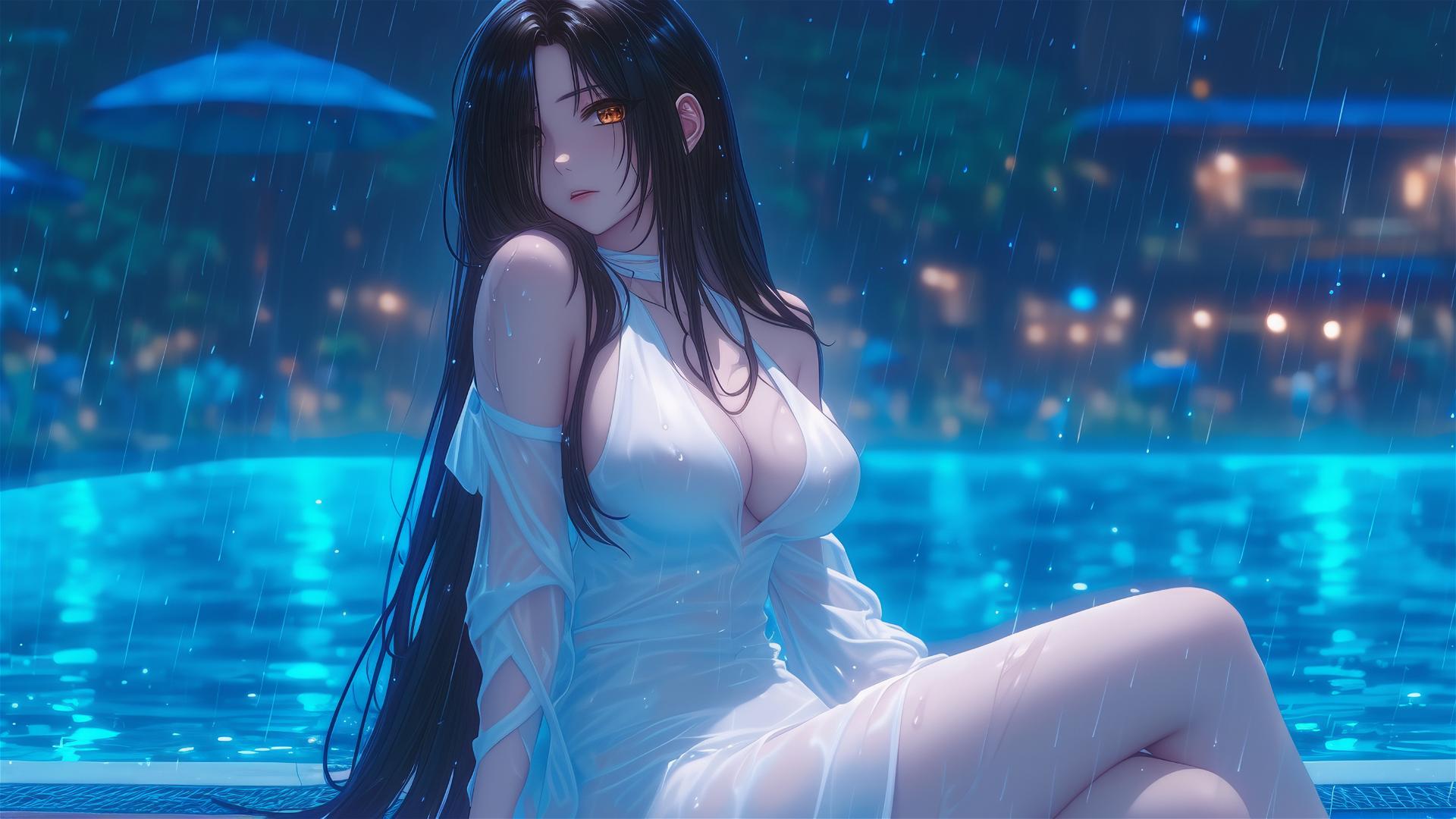 Kurumi Tokisaki by moonlit pool with rain, in white dress & red eye