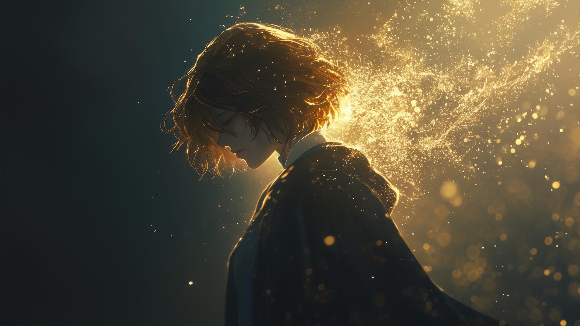 Hogwarts witch girl with spotlight on dark background styled like Harry Potter