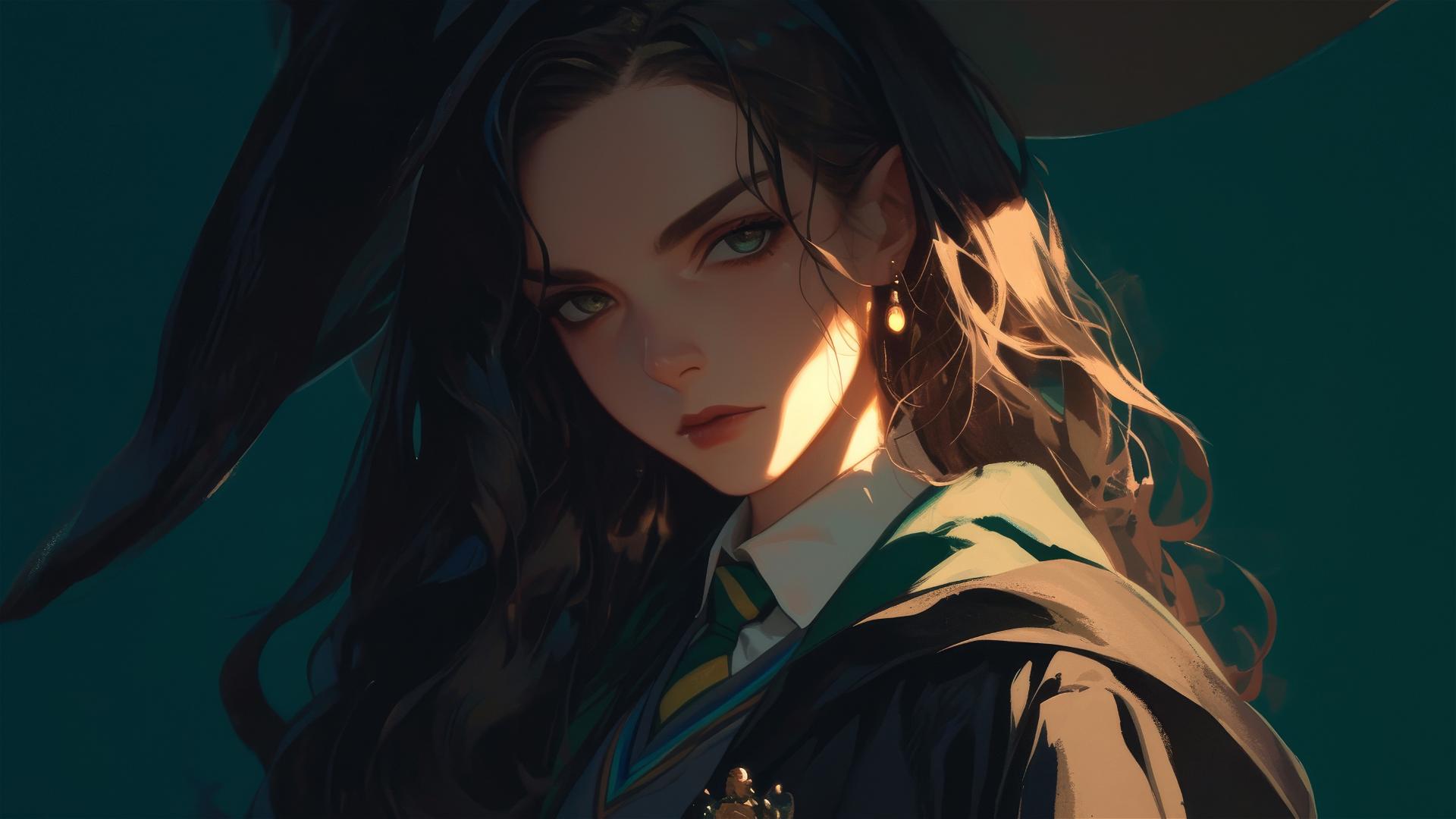 Artistic shot of Hogwarts witch girl in spotlight on dark background