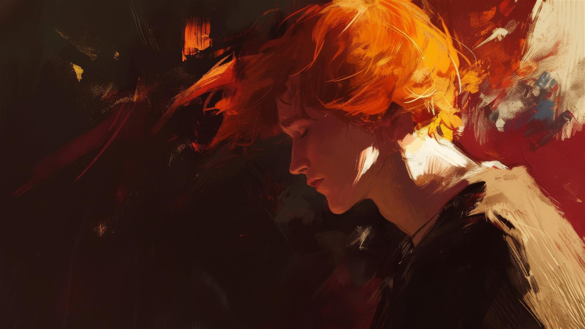 Artistic rendition of Ron Weasley with red hair against dark background
