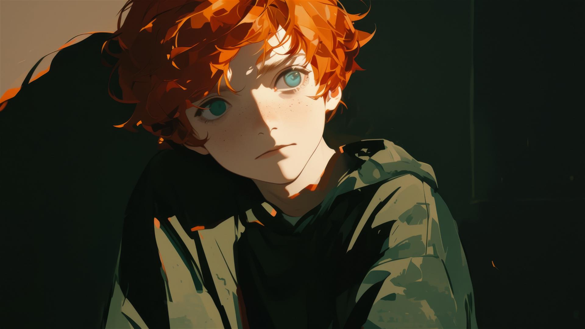 Artistic drawing of Ron Weasley with red hair on dark background