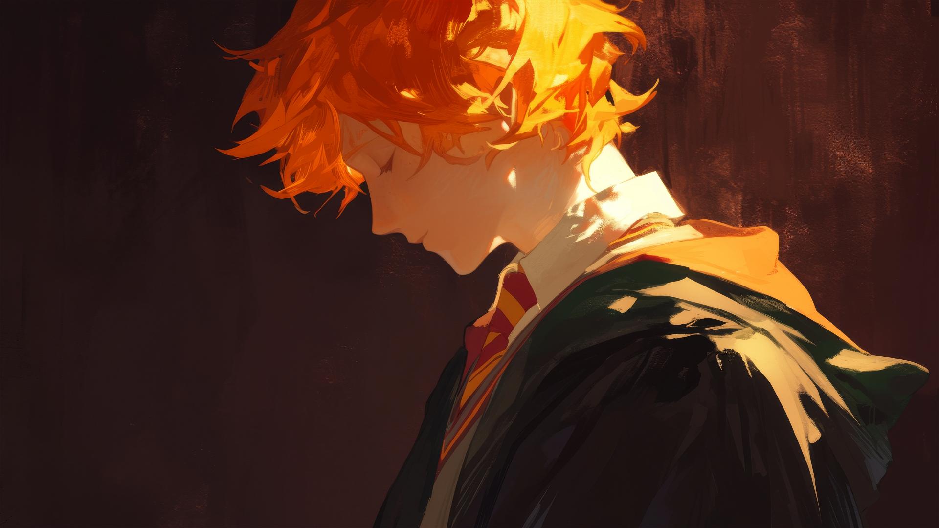 Artistic drawing of Ron Weasley with red hair on dark background