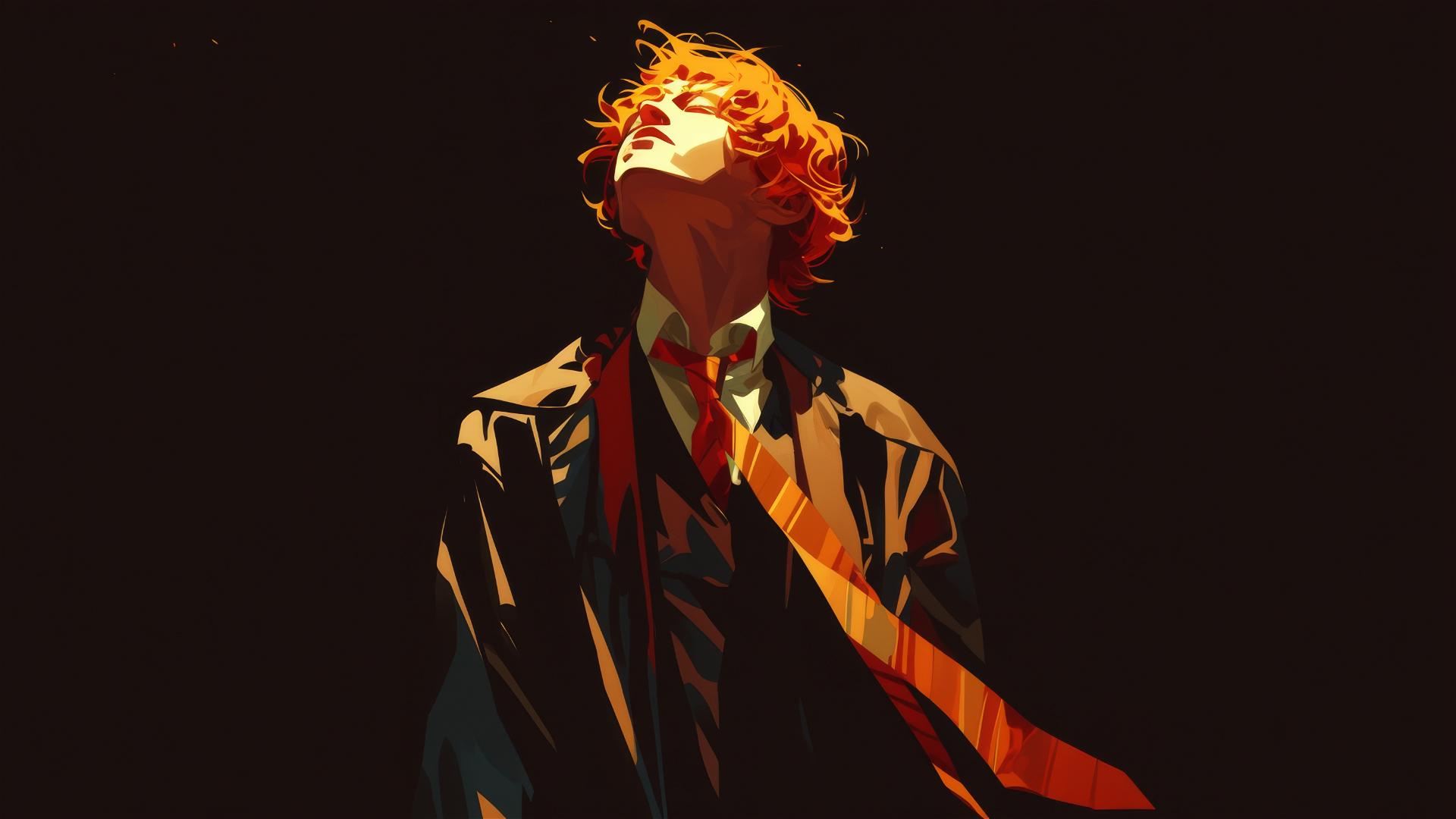 Artistic drawing of Ron Weasley with red hair under spotlight