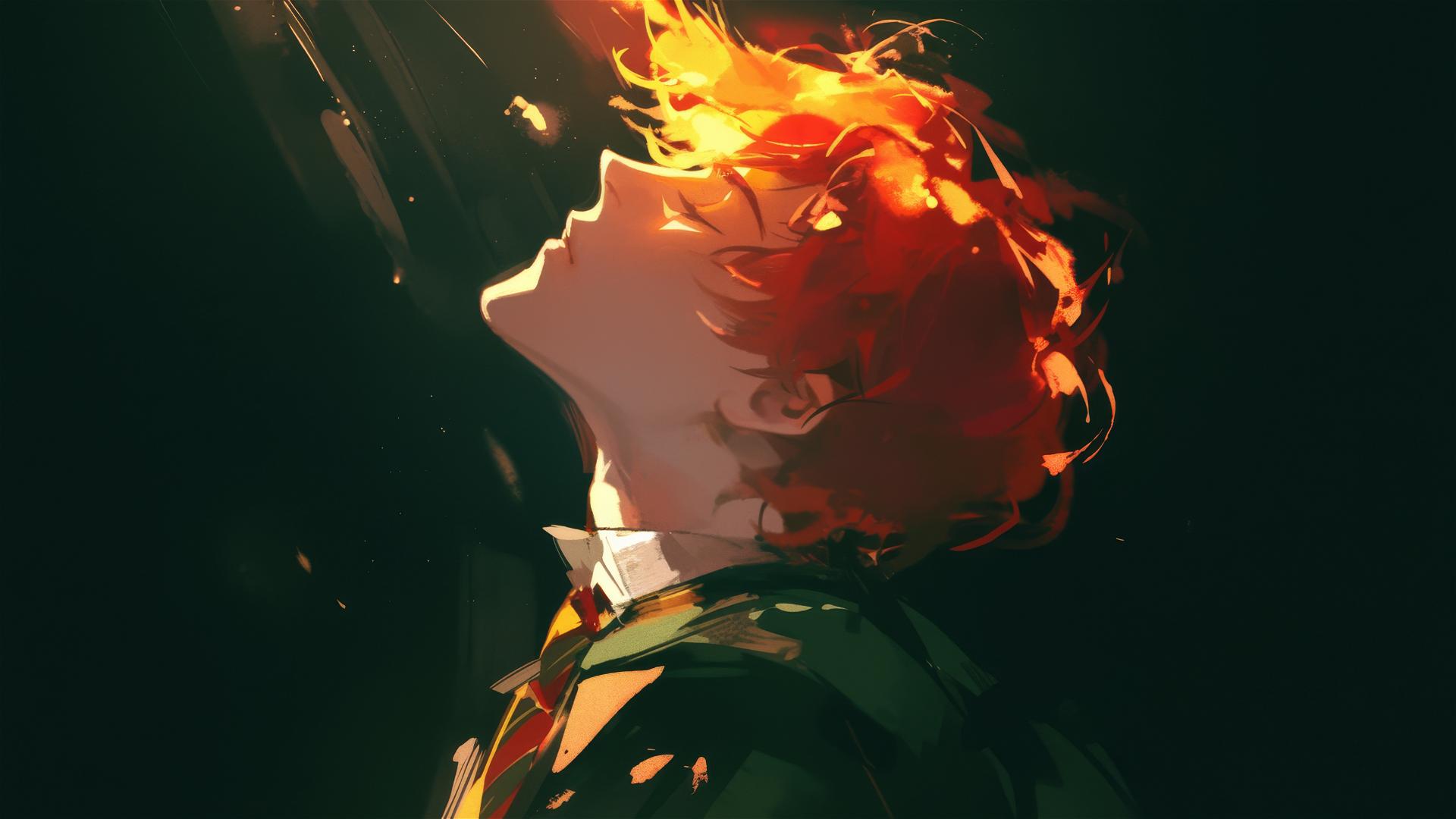 Artistic drawing of Ron Weasley with red hair on a dark background with spotlight effect