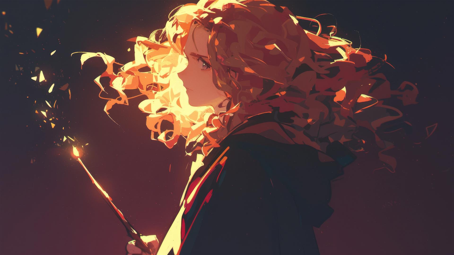 Isolated drawing of Hermione Granger with a spotlight effect on dark background