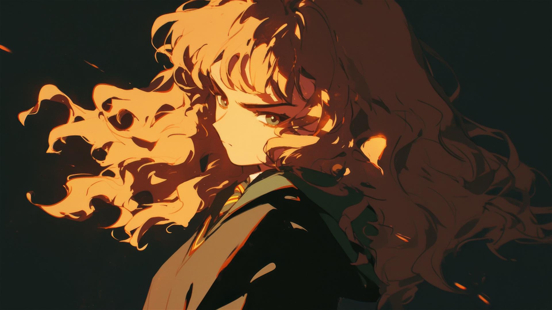 Artistic depiction of Hermione Granger with a dark background and spotlight effect