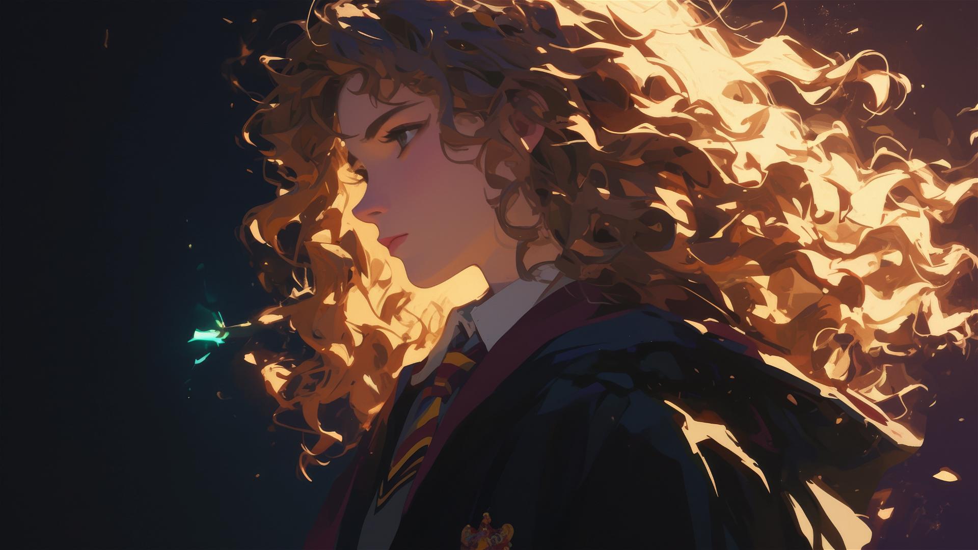 Artistic isolated drawing of Hermione Granger under spotlight on dark background