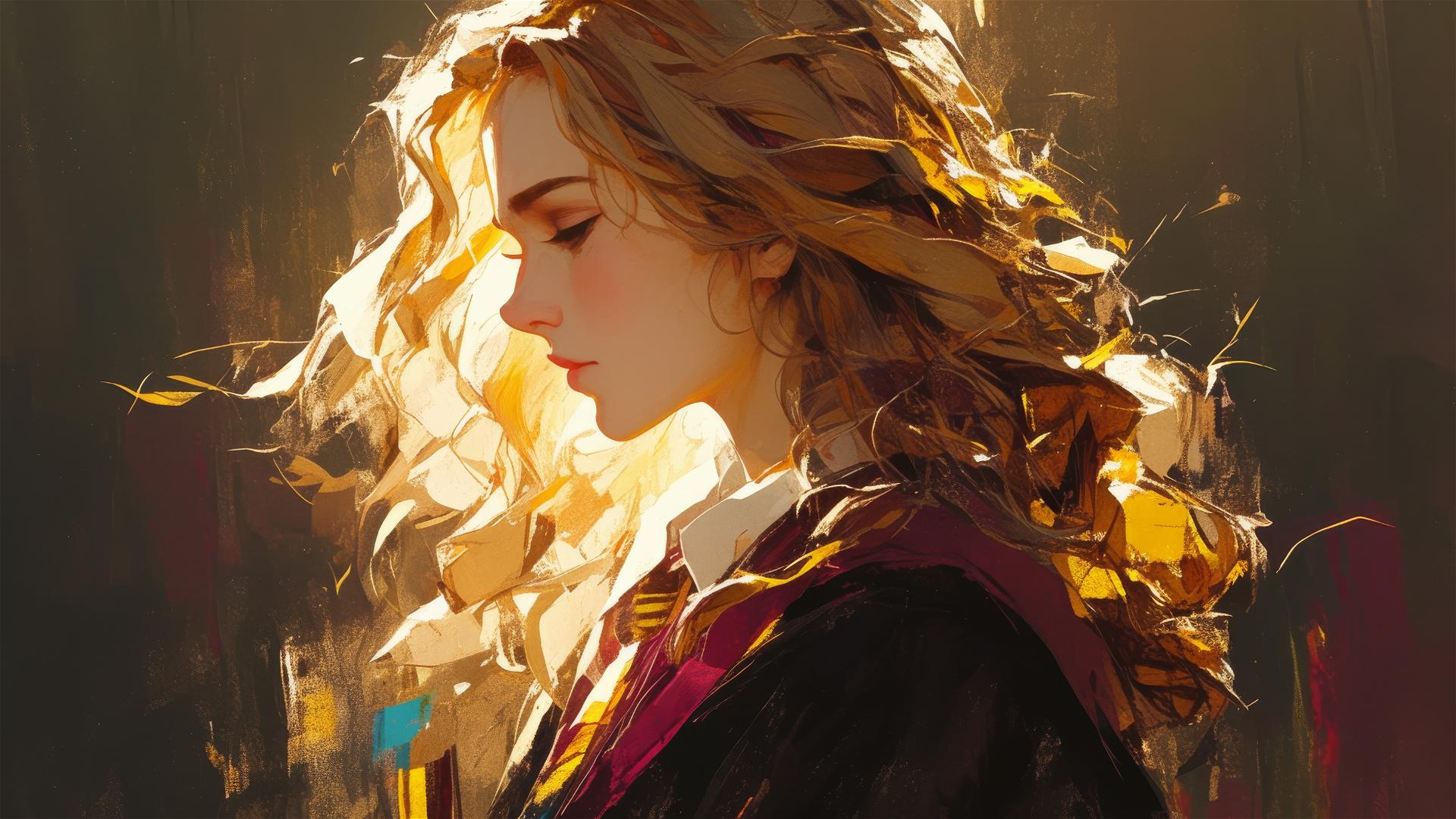 Artistic isolated drawing of Hermione Granger with a dark background and spotlight effect