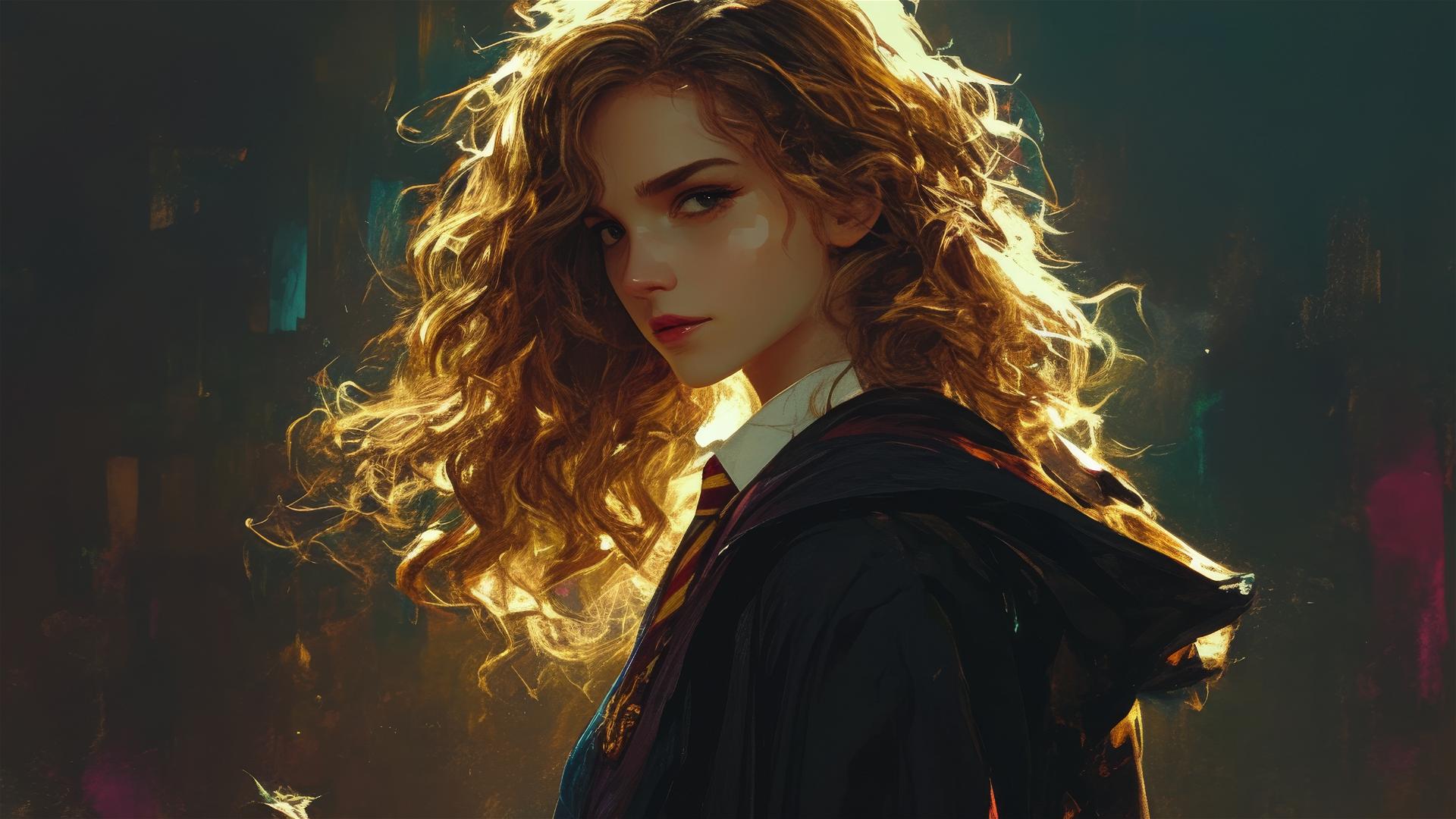 Hermione Granger illustration with dark background and spotlight effect
