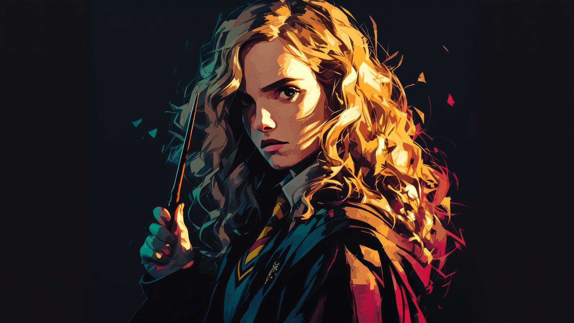 Artistic drawing of Hermione Granger with spotlight effect on dark background