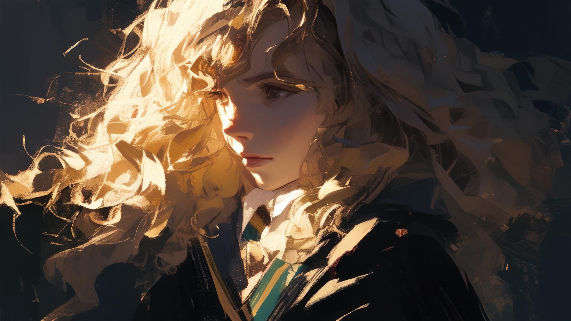 Artistic depiction of Hermione Granger with a dark background and spotlight effect
